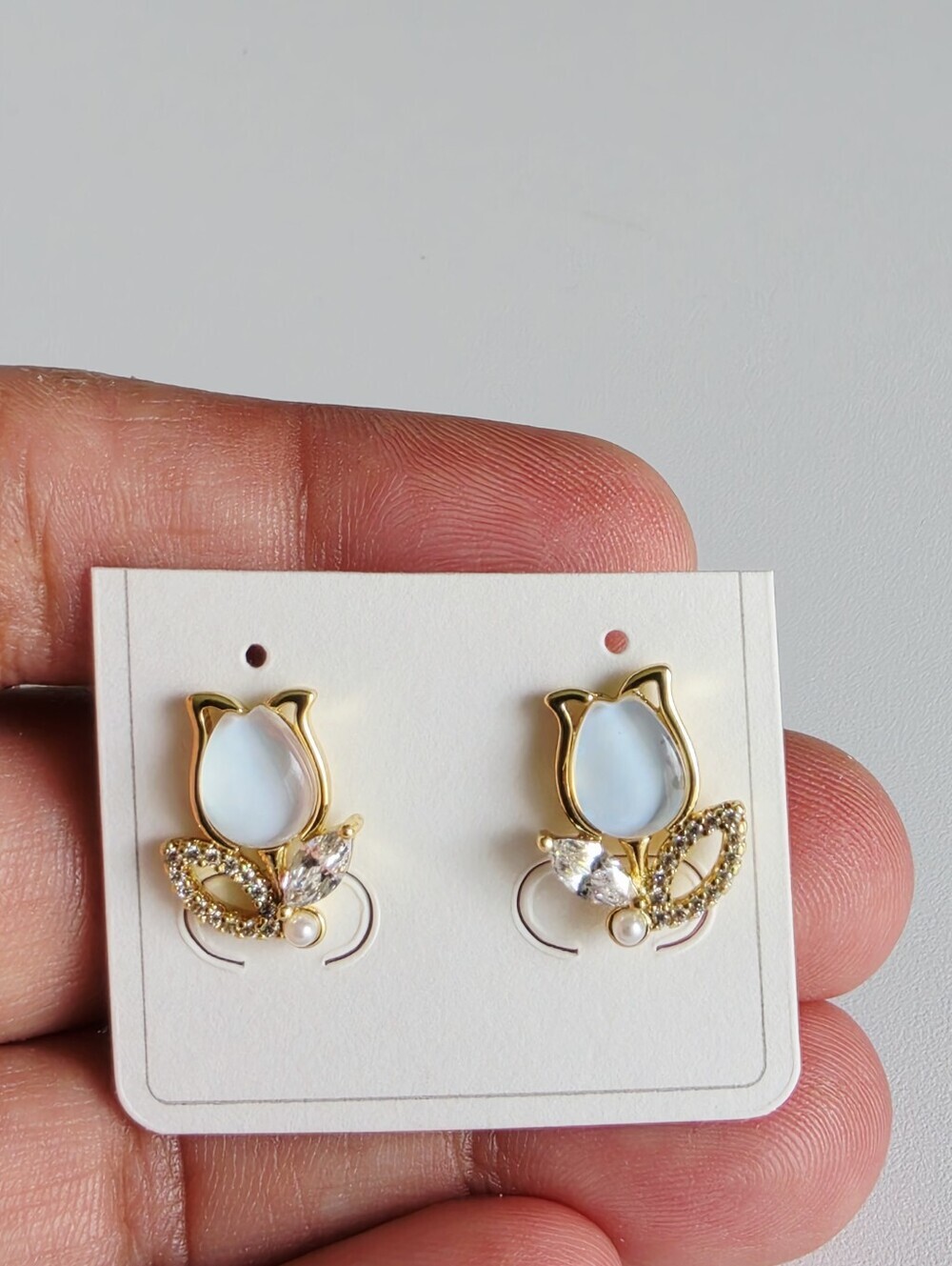 White Opal Tulip Earrings Gold Plated CZ Crystal Pearl Floral Gift